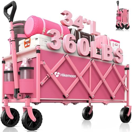 34'' Extra Long Folding Portable Wagon Cart, 120L 360LBS Pink