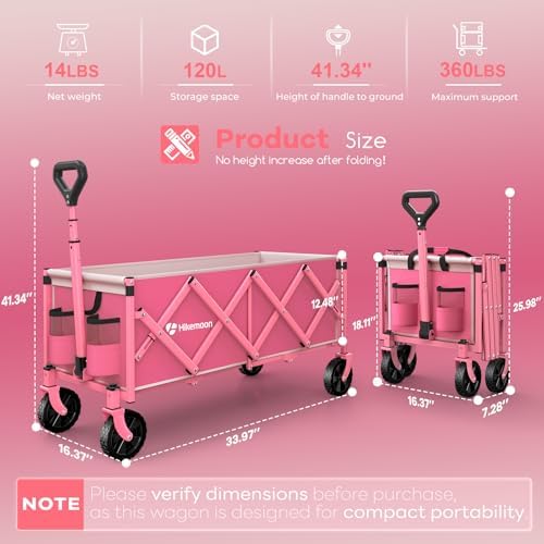 34'' Extra Long Folding Portable Wagon Cart, 120L 360LBS Pink, alternate view 2