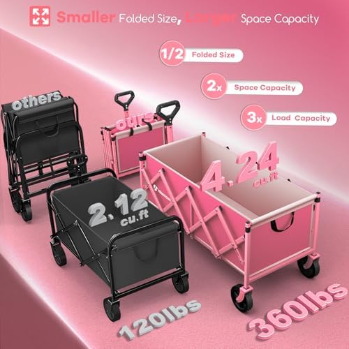 34'' Extra Long Folding Portable Wagon Cart, 120L 360LBS Pink, alternate view 3