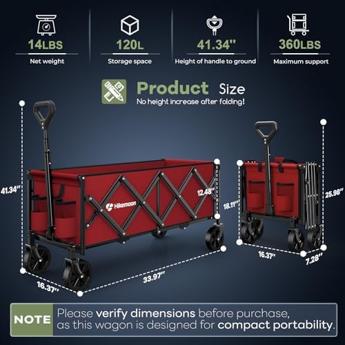 34'' Extra Long Folding Portable Wagon Cart, 120L 360LBS Red, alternate view 2