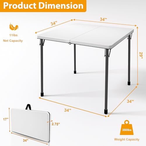 34" Folding Card Table, Portable Square Folding Table with Collapsible Legs & Carrying Handle, Plastic Tables, alternate view