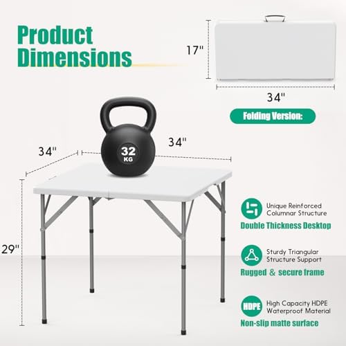 34'' Square Folding Card Table, Dining Table with Handle and Safety Lock, alternate view 2