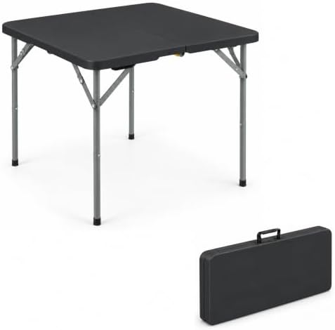 34" Square Folding Table, Portable Plastic Utility Table, 200 lb, Black in Black