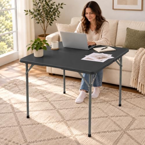 34" Square Folding Table, Portable Plastic Utility Table, 200 lb, Black in Black, alternate view 2