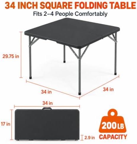 34" Square Folding Table, Portable Plastic Utility Table, 200 lb, Black in Black, alternate view 3