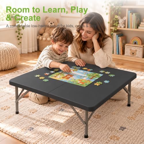 34" Square Folding Table, Portable Plastic Utility Table, 200 lb, Black in Black, alternate view 4