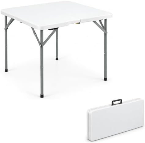 34" Square Folding Table, Portable Plastic Utility Table, 200 lb, White in White