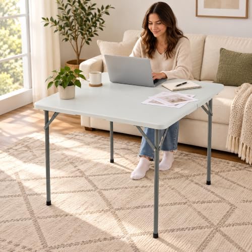 34" Square Folding Table, Portable Plastic Utility Table, 200 lb, White in White, alternate view 2