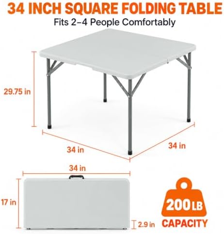 34" Square Folding Table, Portable Plastic Utility Table, 200 lb, White in White, alternate view 3