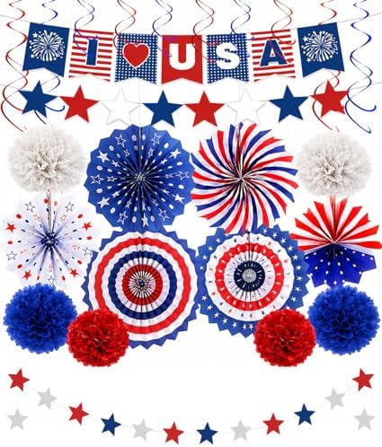 34PCS 4th of July Decorations Patriotic Decorations Love USA Banner Red White Blue Paper Fans, Star Streamer