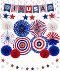 34PCS 4th of July Decorations Patriotic Decorations Love USA Banner Red White Blue Paper Fans, Star Streamer