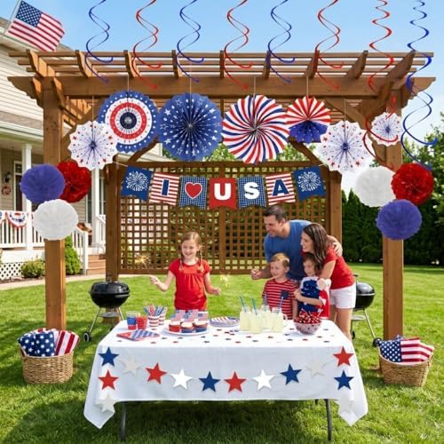 34PCS 4th of July Decorations Patriotic Decorations Love USA Banner Red White Blue Paper Fans, Star Streamer, alternate view