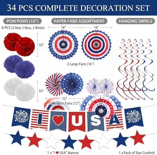 34PCS 4th of July Decorations Patriotic Decorations Love USA Banner Red White Blue Paper Fans, Star Streamer, alternate view