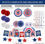 34PCS 4th of July Decorations Patriotic Decorations Love USA Banner Red White Blue Paper Fans, Star Streamer, alternate view