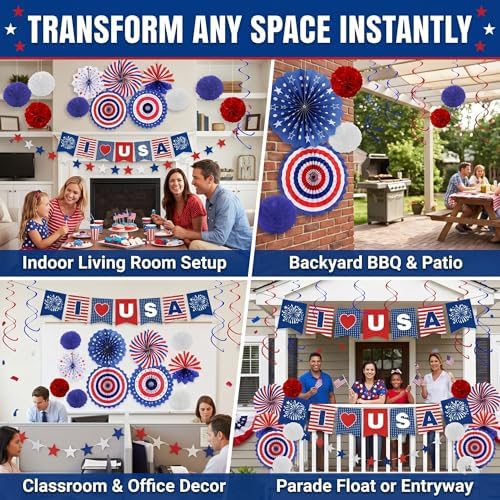 34PCS 4th of July Decorations Patriotic Decorations Love USA Banner Red White Blue Paper Fans, Star Streamer, alternate view