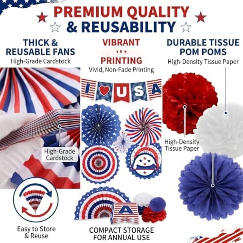 34PCS 4th of July Decorations Patriotic Decorations Love USA Banner Red White Blue Paper Fans, Star Streamer, alternate view