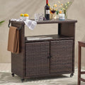35.2" Outdoor Wicker Bar Cart with Storage Cabinet & Table, Brown in Brown