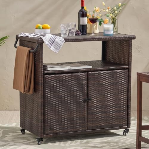 35.2" Outdoor Wicker Bar Cart with Storage Cabinet & Table, Brown in Brown