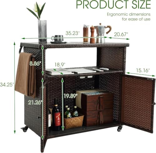 35.2" Outdoor Wicker Bar Cart with Storage Cabinet & Table, Brown in Brown, alternate view 2