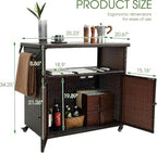 35.2" Outdoor Wicker Bar Cart with Storage Cabinet & Table, Brown in Brown, alternate view 2