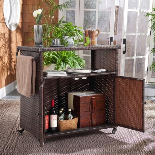 35.2" Outdoor Wicker Bar Cart with Storage Cabinet & Table, Brown in Brown, alternate view 3