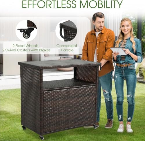 35.2" Outdoor Wicker Bar Cart with Storage Cabinet & Table, Brown in Brown, alternate view 4