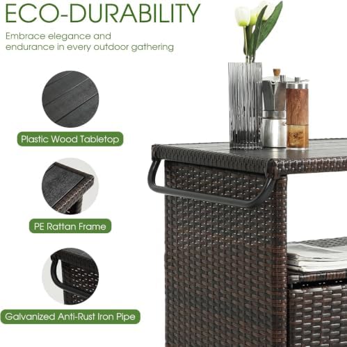 35.2" Outdoor Wicker Bar Cart with Storage Cabinet & Table, Brown in Brown, alternate view 5
