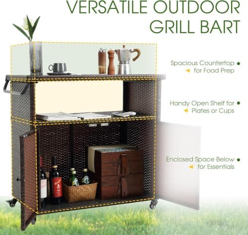 35.2" Outdoor Wicker Bar Cart with Storage Cabinet & Table, Brown in Brown, alternate view 6