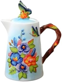 35 Oz Handmade Relief Painted Ceramic Pitcher with Lid & Handle, Decorative Ceramic Teapots, Multi Use Beverage