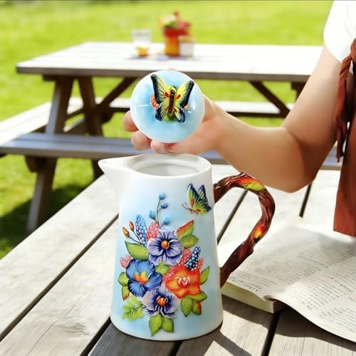 35 Oz Handmade Relief Painted Ceramic Pitcher with Lid & Handle, Decorative Ceramic Teapots, Multi Use Beverage, alternate