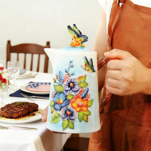 35 Oz Handmade Relief Painted Ceramic Pitcher with Lid & Handle, Decorative Ceramic Teapots, Multi Use Beverage, alternate