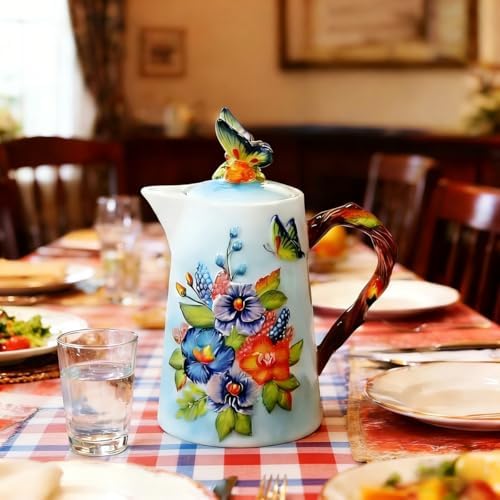 35 Oz Handmade Relief Painted Ceramic Pitcher with Lid & Handle, Decorative Ceramic Teapots, Multi Use Beverage, alternate