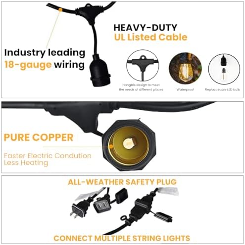 36 FT Outdoor String Lights 2W LED Antique Edison Waterproof ETL, alternate view 5