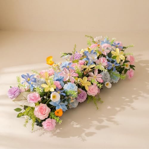 36 Inch Artificial Wedding Flower Row, Flower Runner Arrangement with Chiffon Sheer Drape, Pink Rose, Blue