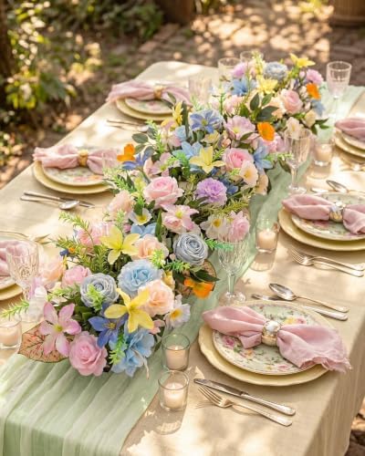 36 Inch Artificial Wedding Flower Row, Flower Runner Arrangement with Chiffon Sheer Drape, Pink Rose, Blue, alternate view 2