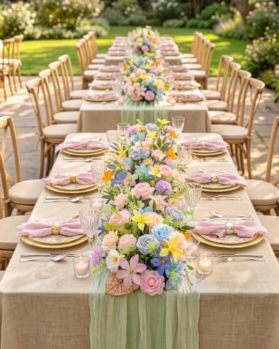 36 Inch Artificial Wedding Flower Row, Flower Runner Arrangement with Chiffon Sheer Drape, Pink Rose, Blue, alternate view 3