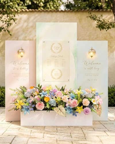 36 Inch Artificial Wedding Flower Row, Flower Runner Arrangement with Chiffon Sheer Drape, Pink Rose, Blue, alternate view 4