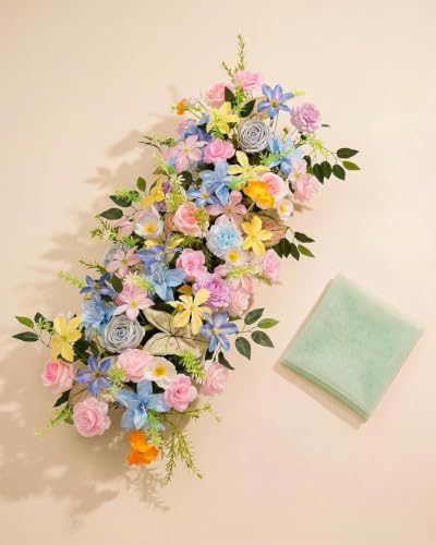36 Inch Artificial Wedding Flower Row, Flower Runner Arrangement with Chiffon Sheer Drape, Pink Rose, Blue, alternate view 7