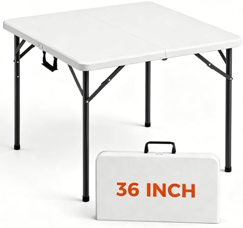 36 Inch Folding Card Table, Heavy Duty Square Folding Game Table with Carrying Handle, Fold-in-Half Portable