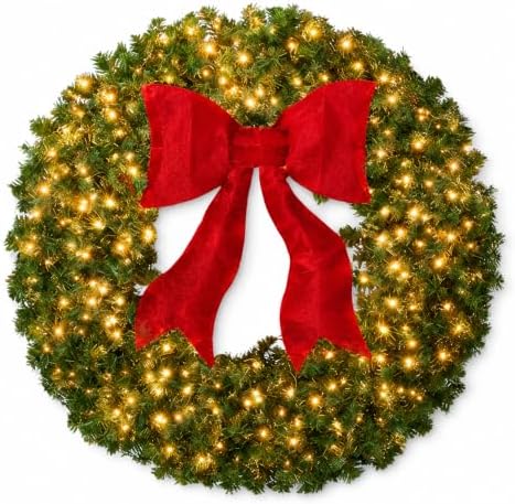 36 Inch Large Lighted Christmas Wreath, Red Bow, Door Decor