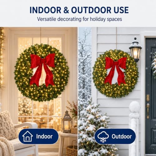 36 Inch Large Lighted Christmas Wreath, Red Bow, Door Decor, alternate view 4
