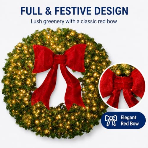36 Inch Large Lighted Christmas Wreath, Red Bow, Door Decor, alternate view 5