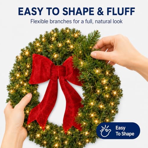 36 Inch Large Lighted Christmas Wreath, Red Bow, Door Decor, alternate view 6
