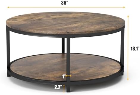 36 inches Round Coffee Table, Rustic Wooden Surface Top & Sturdy Metal Legs Industrial Sofa Table for Living, alternate view