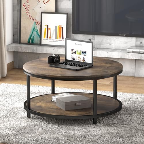 36 inches Round Coffee Table, Rustic Wooden Surface Top & Sturdy Metal Legs Industrial Sofa Table for Living, alternate view