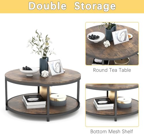 36 inches Round Coffee Table, Rustic Wooden Surface Top & Sturdy Metal Legs Industrial Sofa Table for Living, alternate view