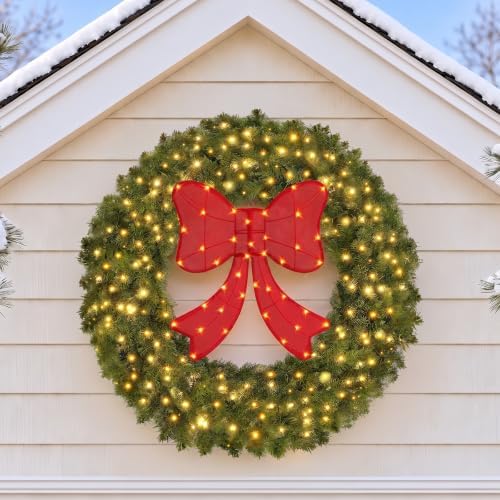 36" Lighted Christmas Wreath with Red Bow, Wall Decorations