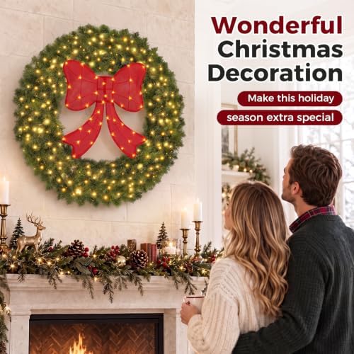 36" Lighted Christmas Wreath with Red Bow, Wall Decorations, alternate view 3