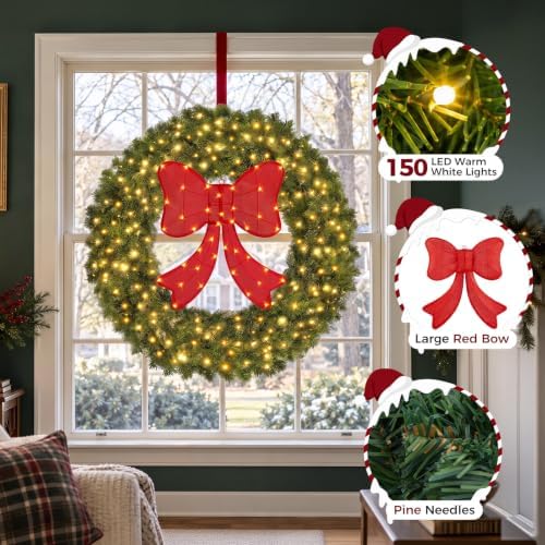 36" Lighted Christmas Wreath with Red Bow, Wall Decorations, alternate view 4