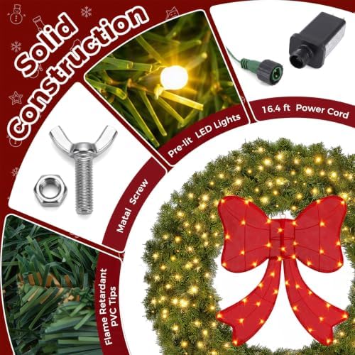 36" Lighted Christmas Wreath with Red Bow, Wall Decorations, alternate view 5